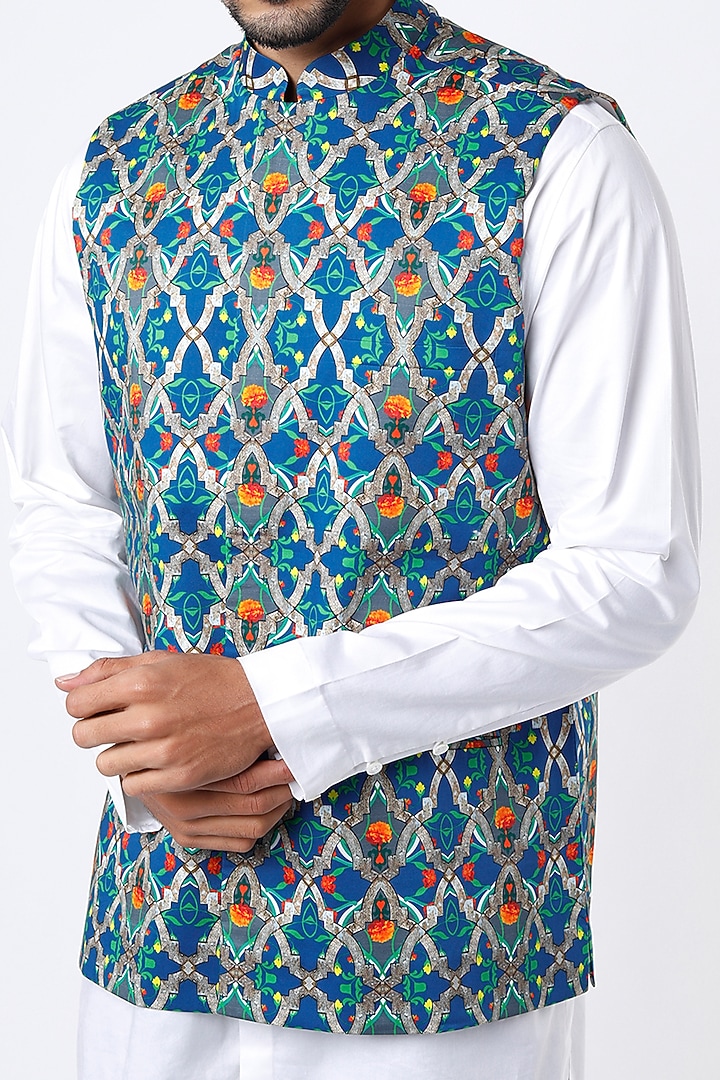 Blue Printed Bundi Jacket by Mr. Ajay Kumar at Pernia's Pop Up Shop