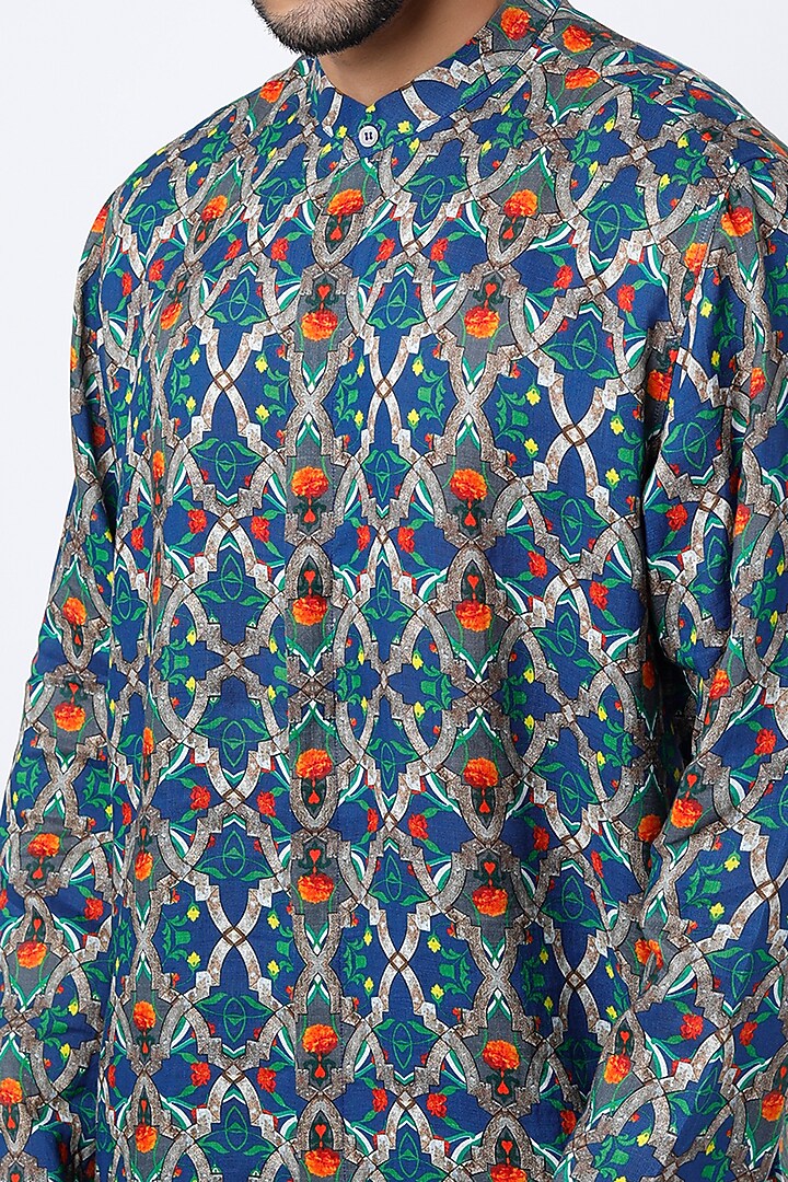Blue Printed Kurta Set by Mr. Ajay Kumar at Pernia's Pop Up Shop