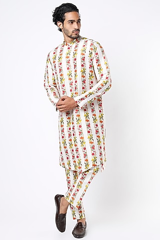 Beige Floral Printed Kurta Set by Mr. Ajay Kumar