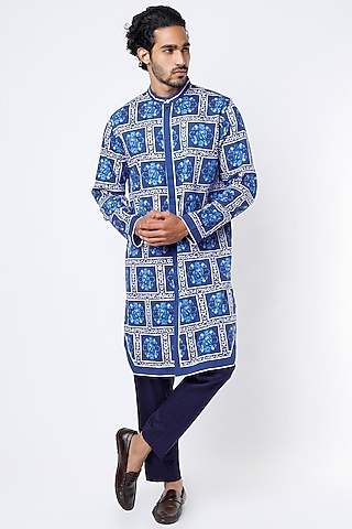 Blue Digital Printed Kurta Set by Mr. Ajay Kumar