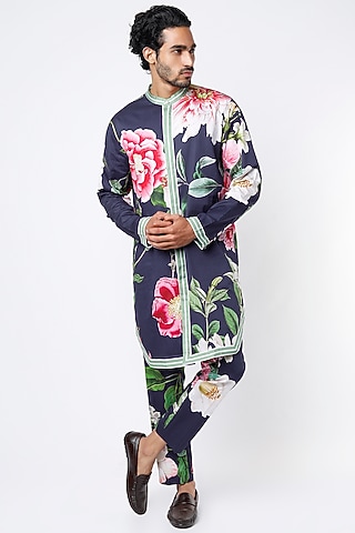 Dark Blue Floral Printed Kurta Set by Mr. Ajay Kumar