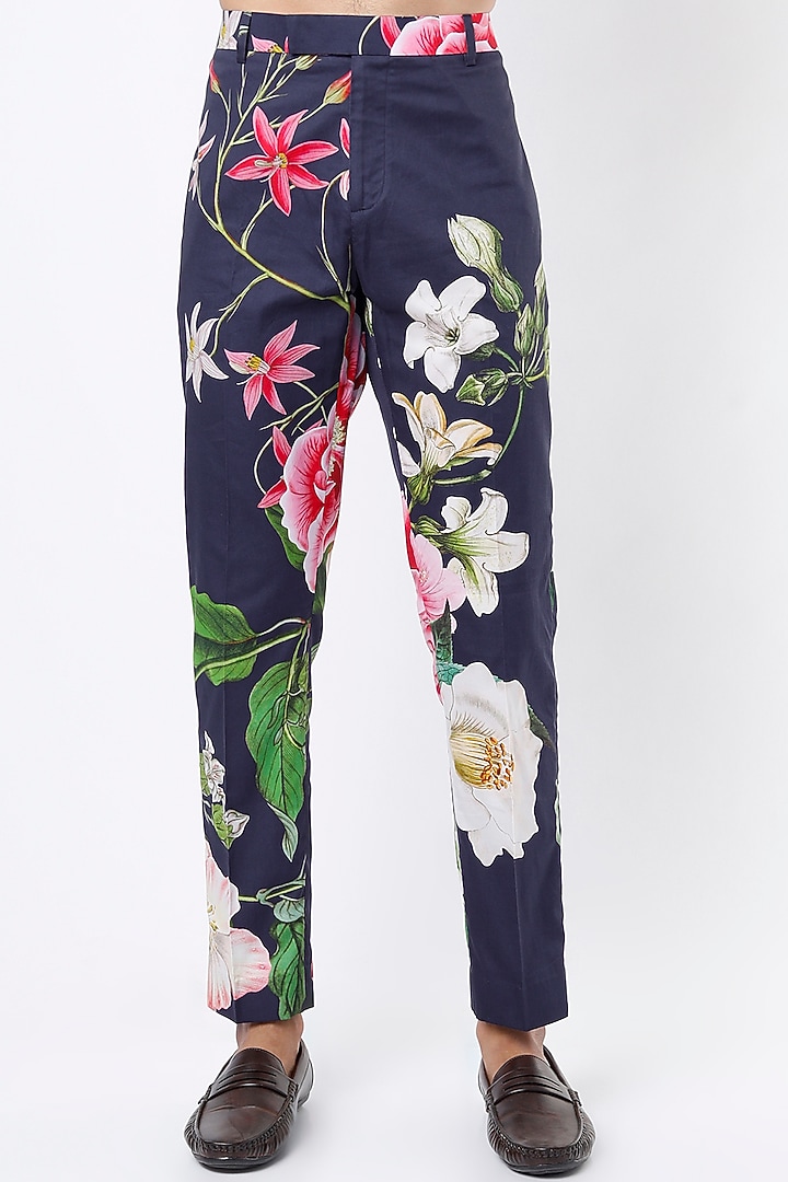 Dark Blue Floral Printed Kurta Set by Mr. Ajay Kumar at Pernia's Pop Up Shop