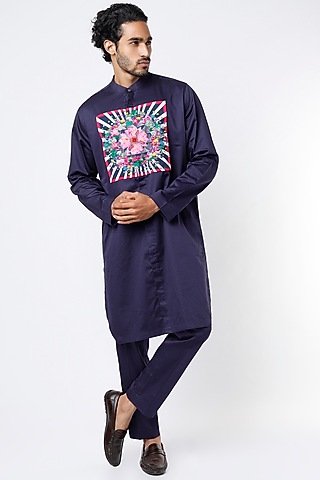 Navy Blue Printed Kurta Set by Mr. Ajay Kumar