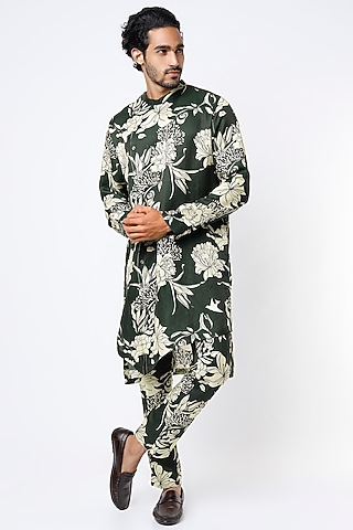 Dark Bottle Green Silk Printed Kurta Set by Mr. Ajay Kumar