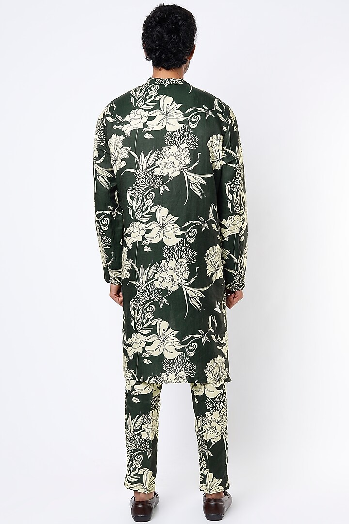 Dark Bottle Green Silk Printed Kurta Set by Mr. Ajay Kumar at Pernia's Pop Up Shop