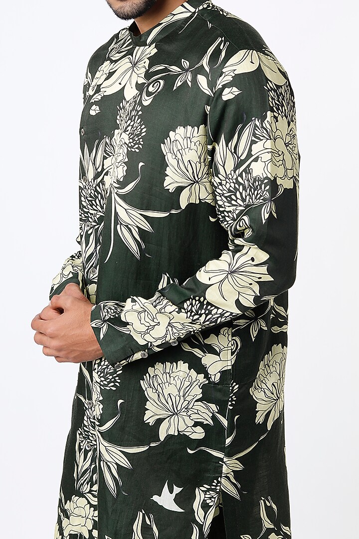 Dark Bottle Green Silk Printed Kurta Set by Mr. Ajay Kumar at Pernia's Pop Up Shop