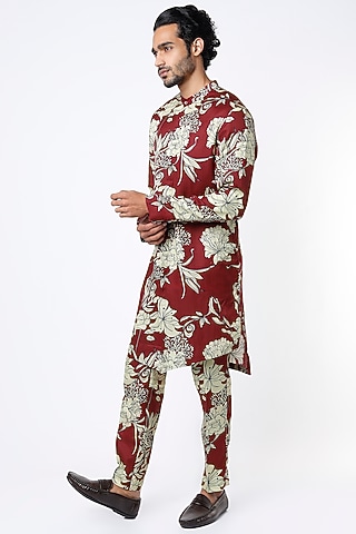 Maroon Printed Kurta Set by Mr. Ajay Kumar