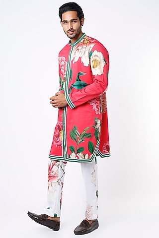 Fuchsia Floral Printed Kurta Set by Mr. Ajay Kumar