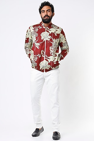 Maroon Floral Printed Jacket by Mr. Ajay Kumar