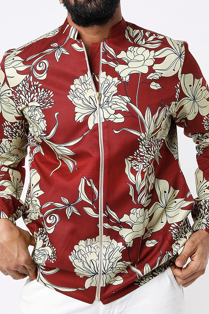 Maroon Floral Printed Jacket by Mr. Ajay Kumar at Pernia's Pop Up Shop