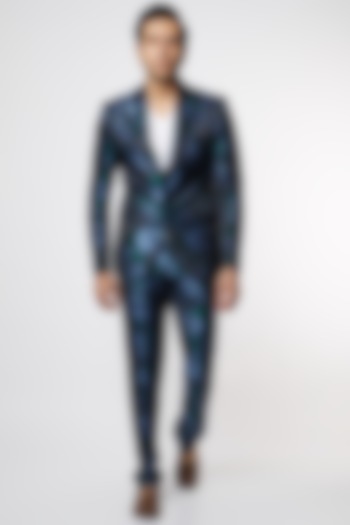 Blue Jacquard Suit Set by Mr. Ajay Kumar