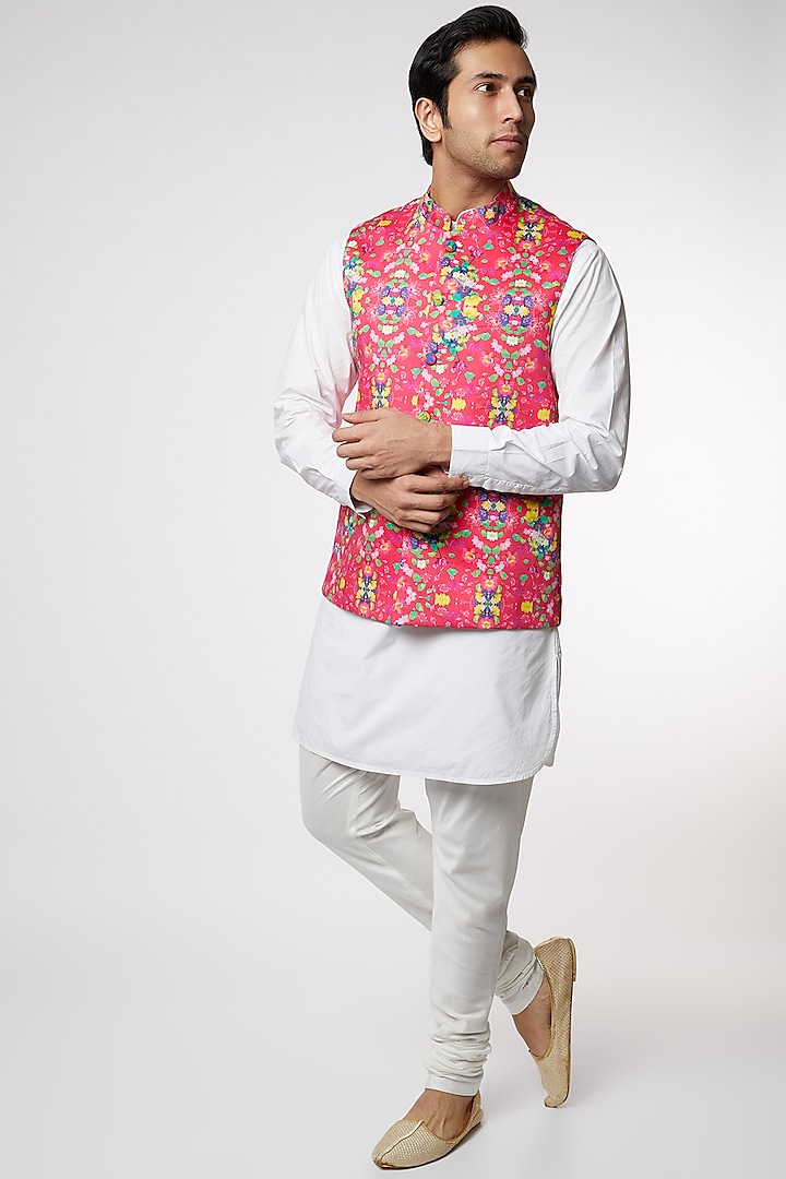 Pink Digital Printed Bundi Jacket by Mr. Ajay Kumar