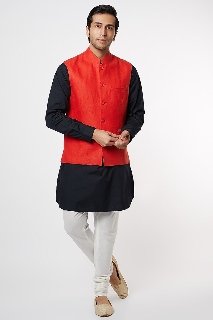 Red Linen Bundi Jacket by Mr. Ajay Kumar