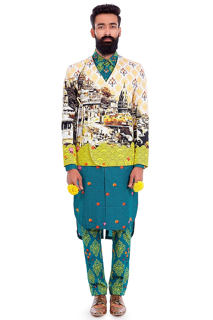 Golden Printed Crossover Jacket by Mr. Ajay Kumar at Pernia's Pop Up Shop