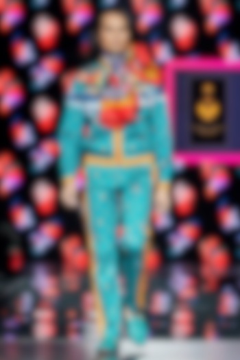 Aqua Green Printed Bomber Jacket by Mr. Ajay Kumar at Pernia's Pop Up Shop