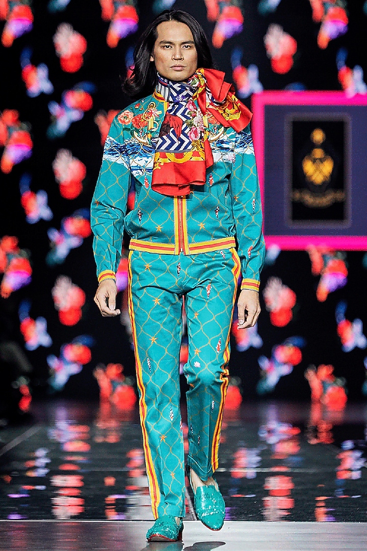 Aqua Green Printed Bomber Jacket by Mr. Ajay Kumar at Pernia's Pop Up Shop