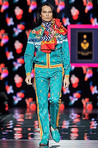 Aqua Green Printed Bomber Jacket by Mr. Ajay Kumar