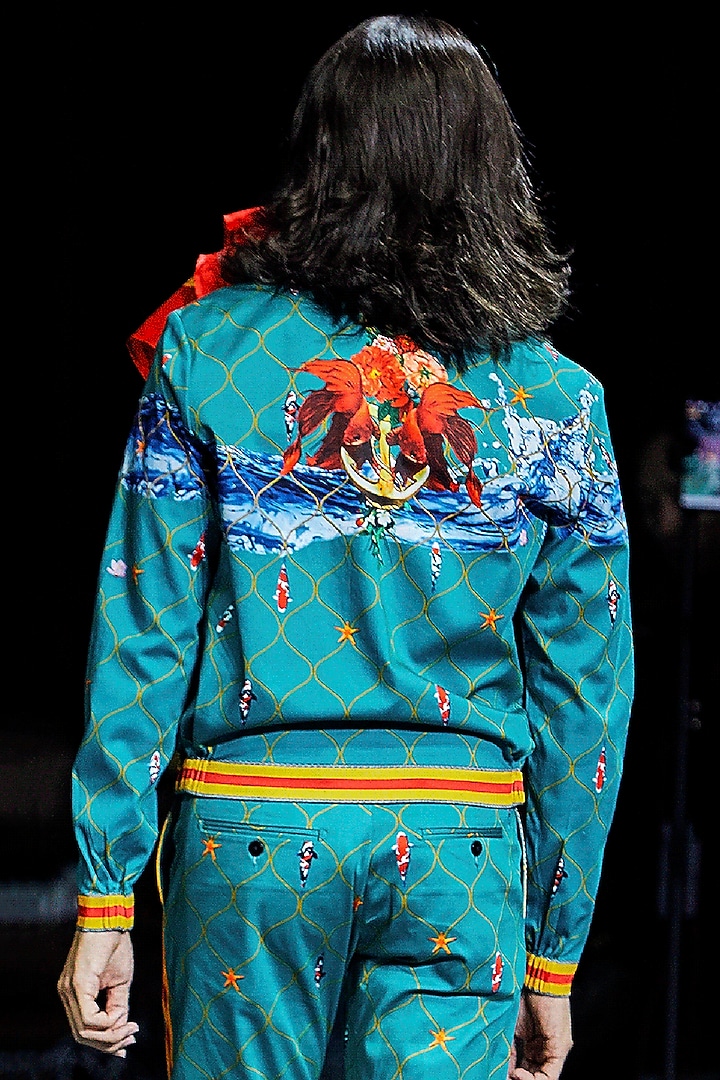Aqua Green Printed Bomber Jacket by Mr. Ajay Kumar at Pernia's Pop Up Shop