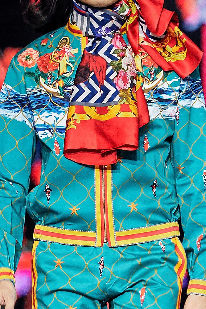 Aqua Green Printed Bomber Jacket by Mr. Ajay Kumar at Pernia's Pop Up Shop