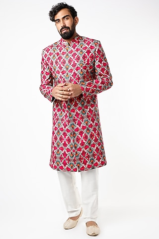 Red Floral Printed Sherwani by Mr. Ajay Kumar