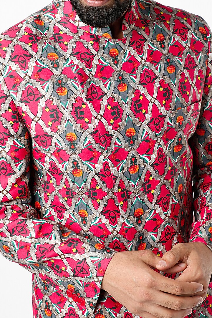 Red Floral Printed Wedding Sherwani by Mr. Ajay Kumar at Pernia's Pop Up Shop