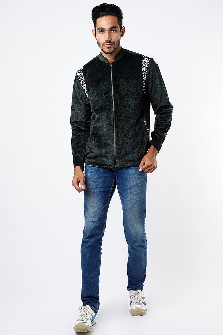 Dark Green Velvet Bomber Jacket by Mr. Ajay Kumar at Pernia's Pop Up Shop
