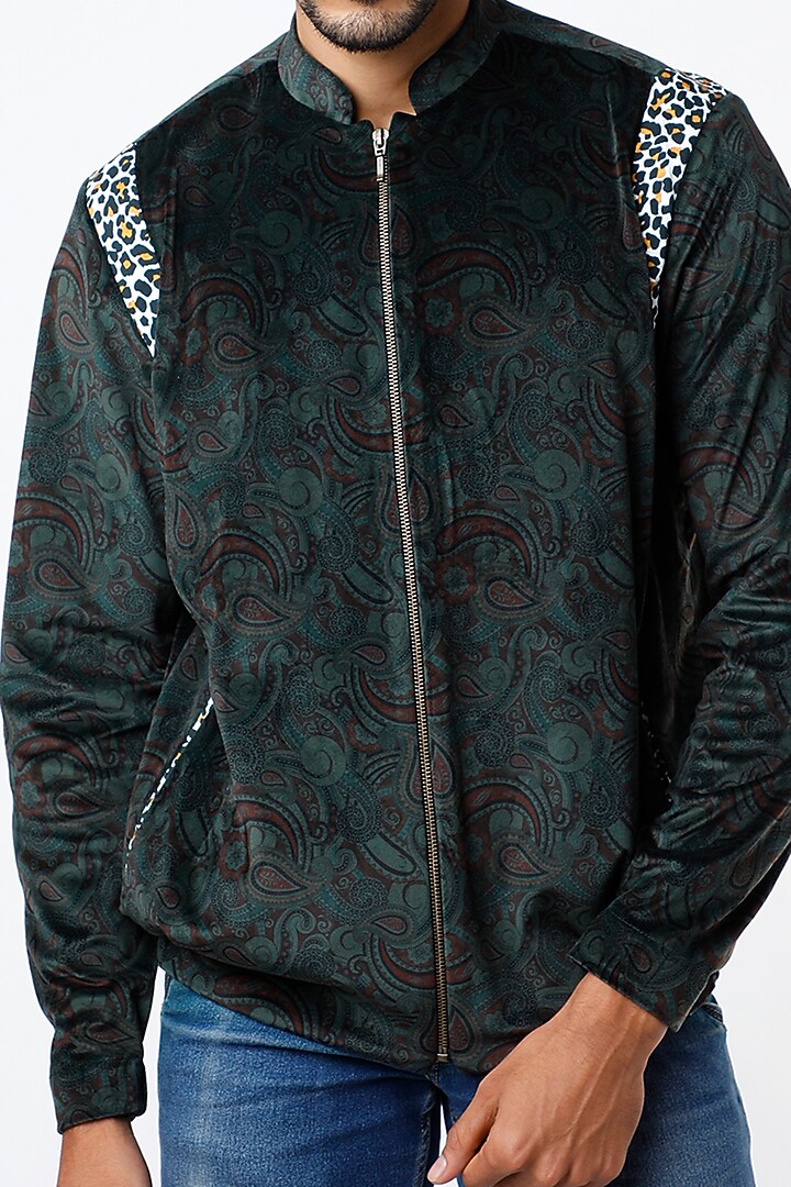 Dark Green Velvet Bomber Jacket by Mr. Ajay Kumar at Pernia's Pop Up Shop