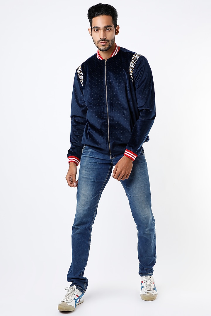 Dark Blue Velvet Bomber Jacket by Mr. Ajay Kumar at Pernia's Pop Up Shop