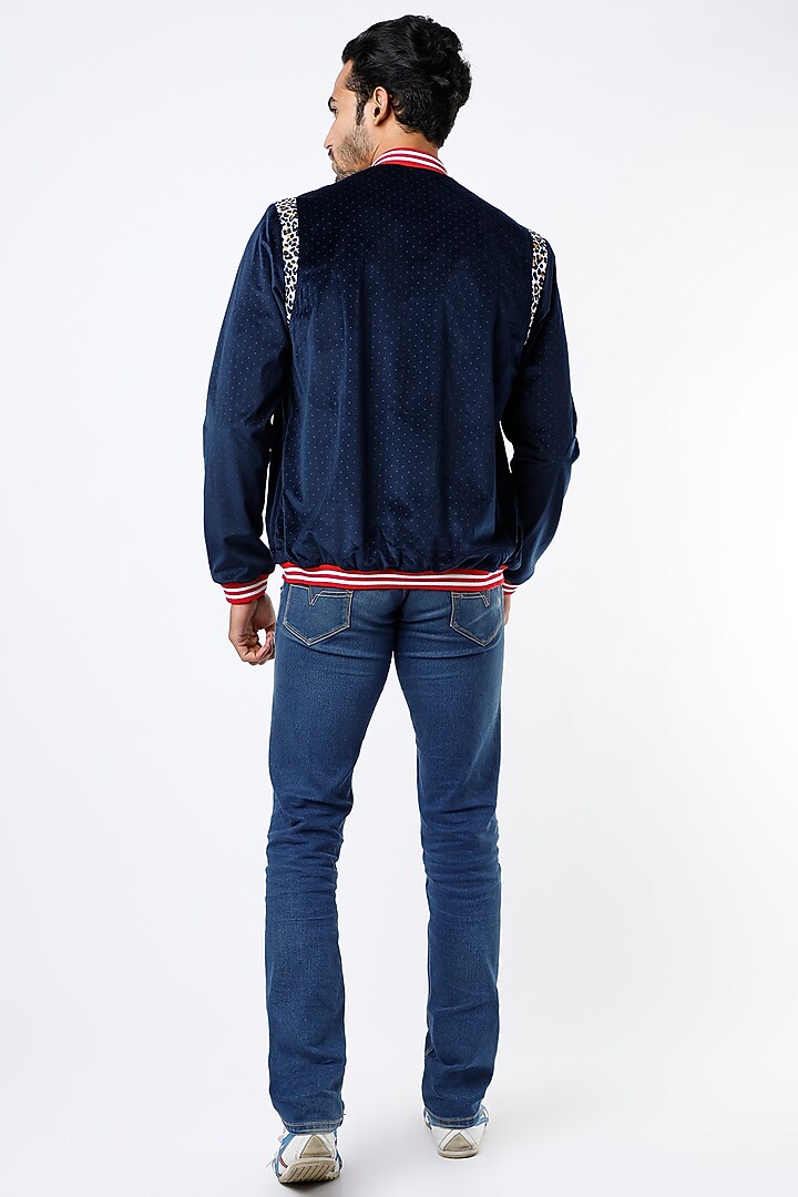 Dark Blue Velvet Bomber Jacket by Mr. Ajay Kumar at Pernia's Pop Up Shop