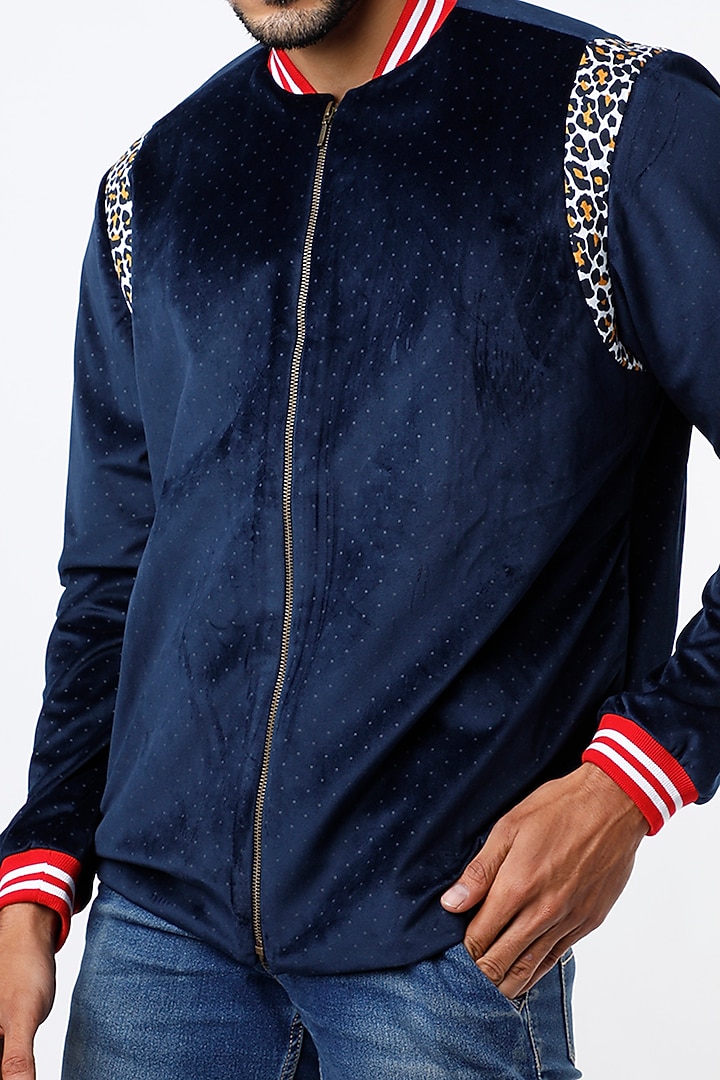 Dark Blue Velvet Bomber Jacket by Mr. Ajay Kumar at Pernia's Pop Up Shop