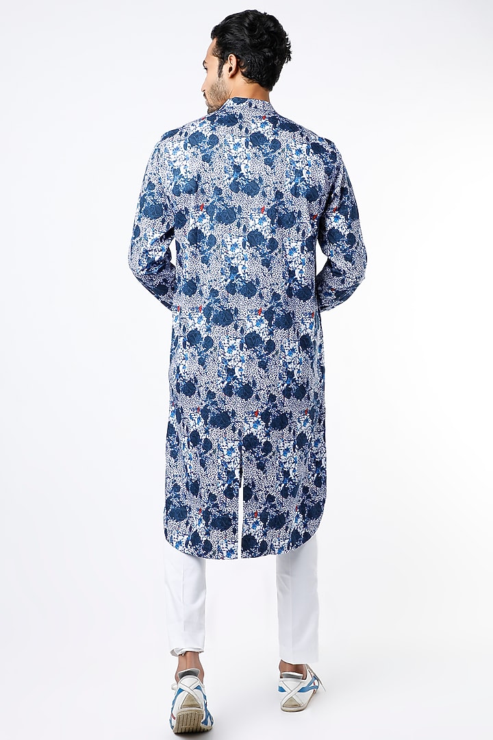 Cobalt Blue Floral Printed Kurta Set by Mr. Ajay Kumar at Pernia's Pop Up Shop