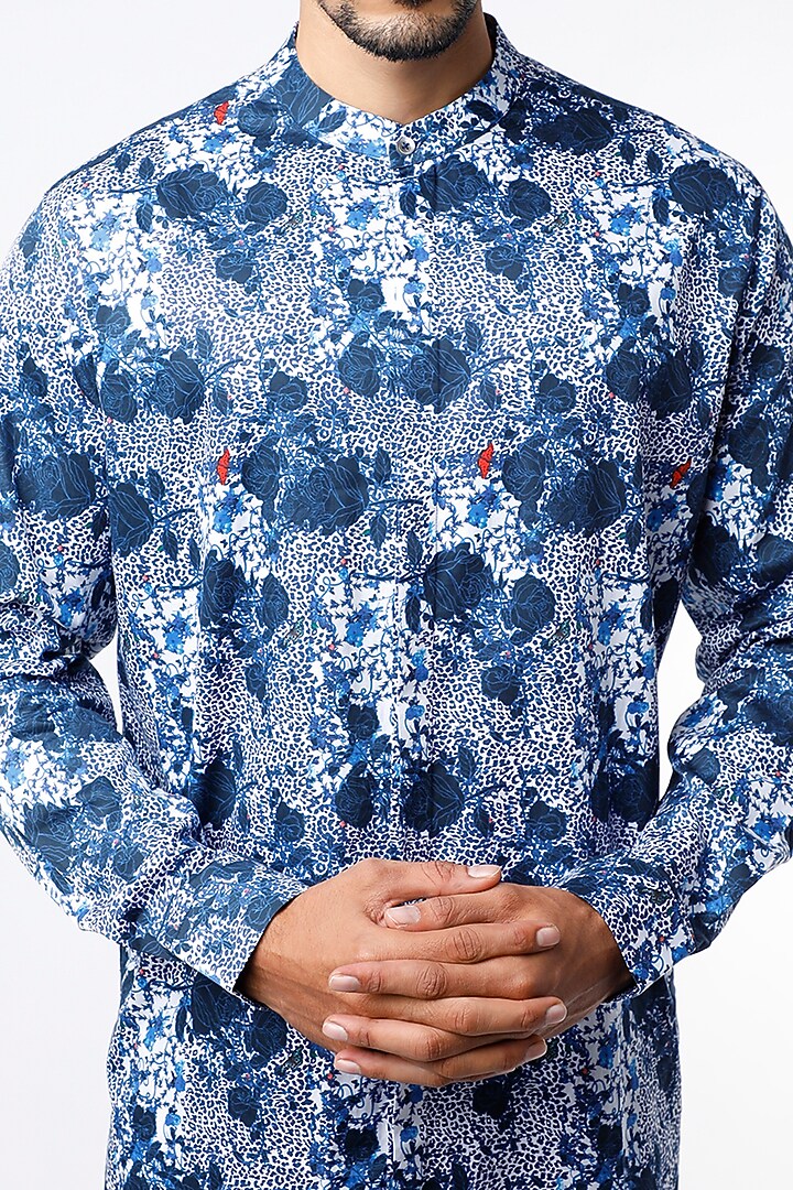 Cobalt Blue Floral Printed Kurta Set by Mr. Ajay Kumar at Pernia's Pop Up Shop