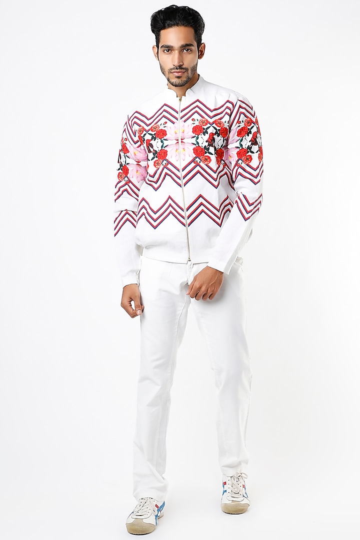 White Printed Bomber Jacket by Mr. Ajay Kumar