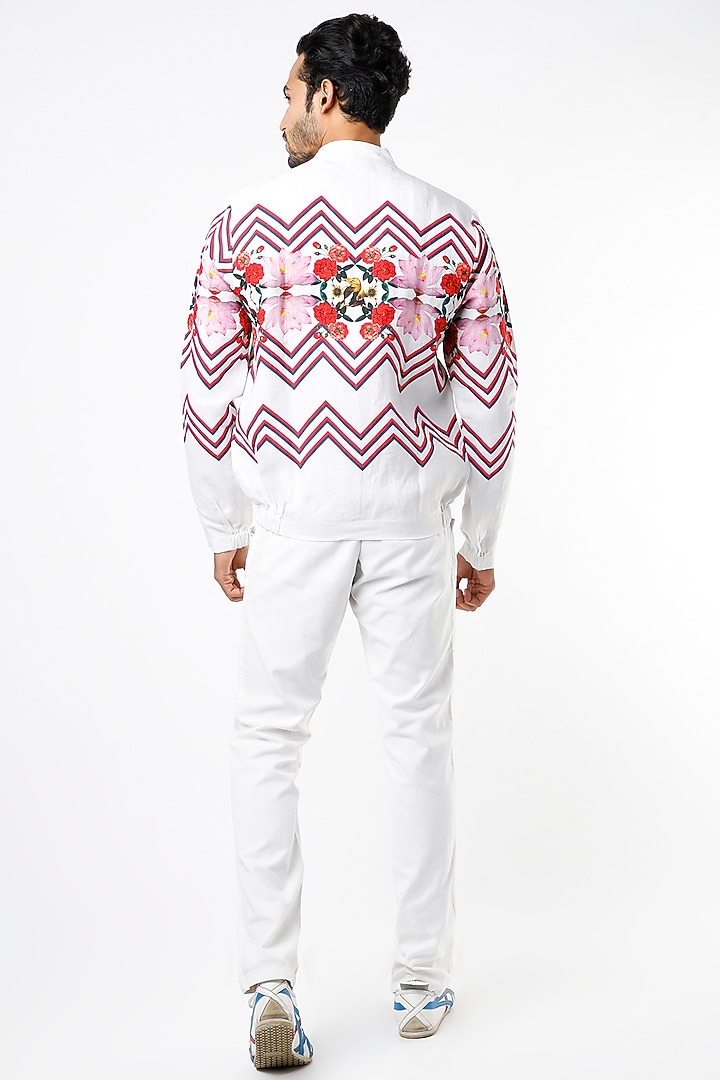 White Printed Bomber Jacket by Mr. Ajay Kumar at Pernia's Pop Up Shop