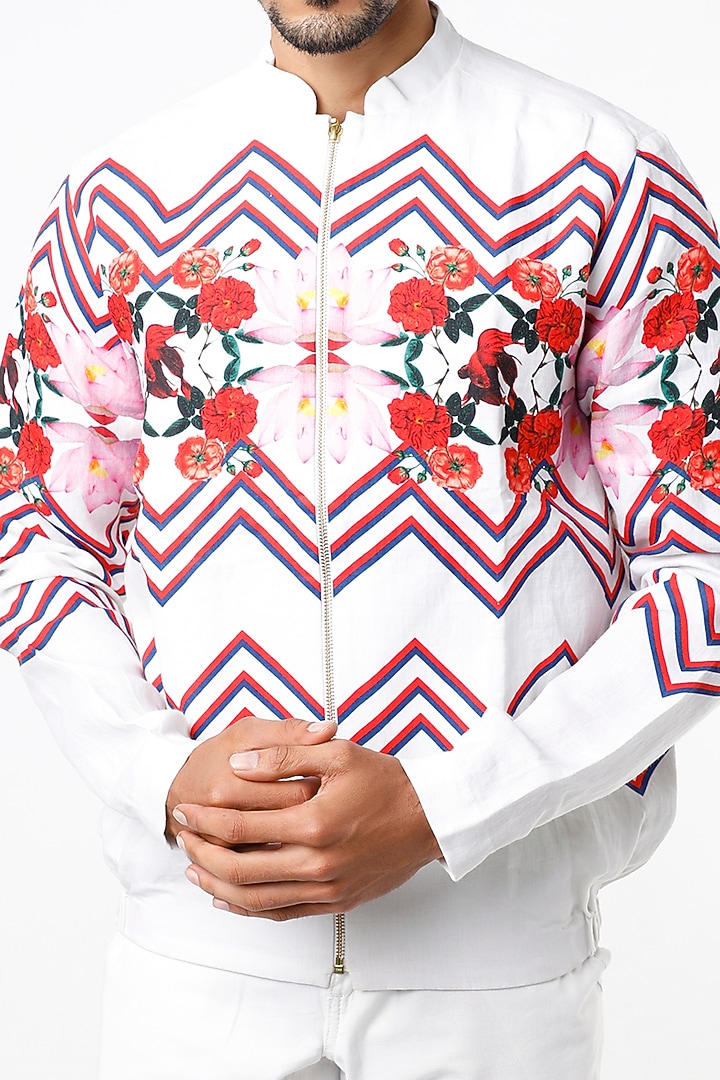 White Printed Bomber Jacket by Mr. Ajay Kumar at Pernia's Pop Up Shop