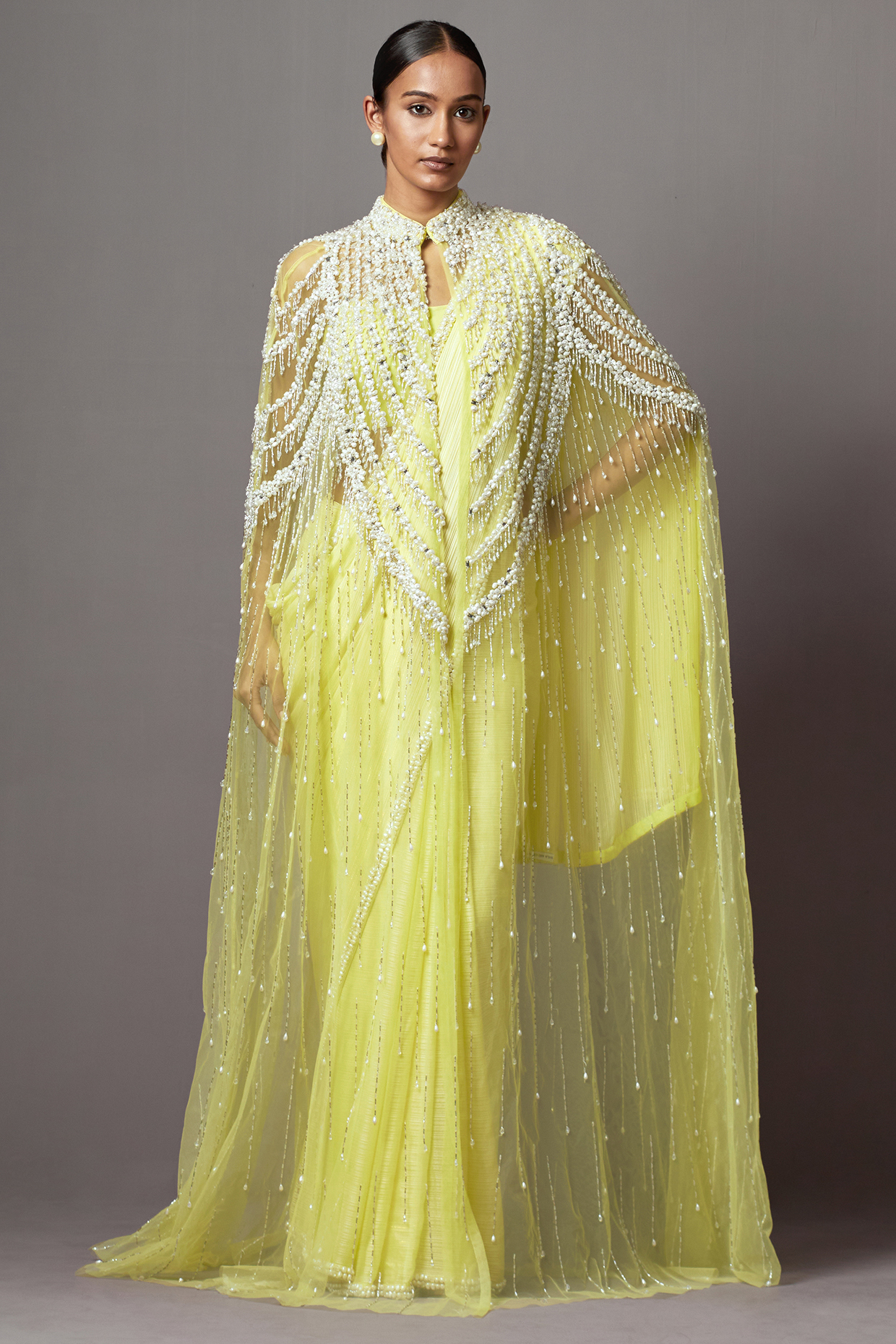 Lime Net & Georgette Baroque Pearl Embroidered Jacket Bridal Saree Set by Mala and Kinnary at Pernia's Pop Up Shop