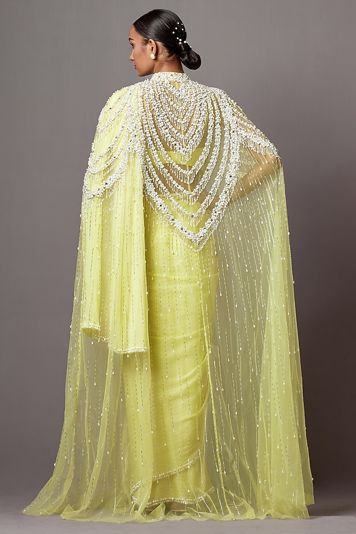 Lime Net & Georgette Baroque Pearl Embroidered Jacket Bridal Saree Set by Mala and Kinnary at Pernia's Pop Up Shop
