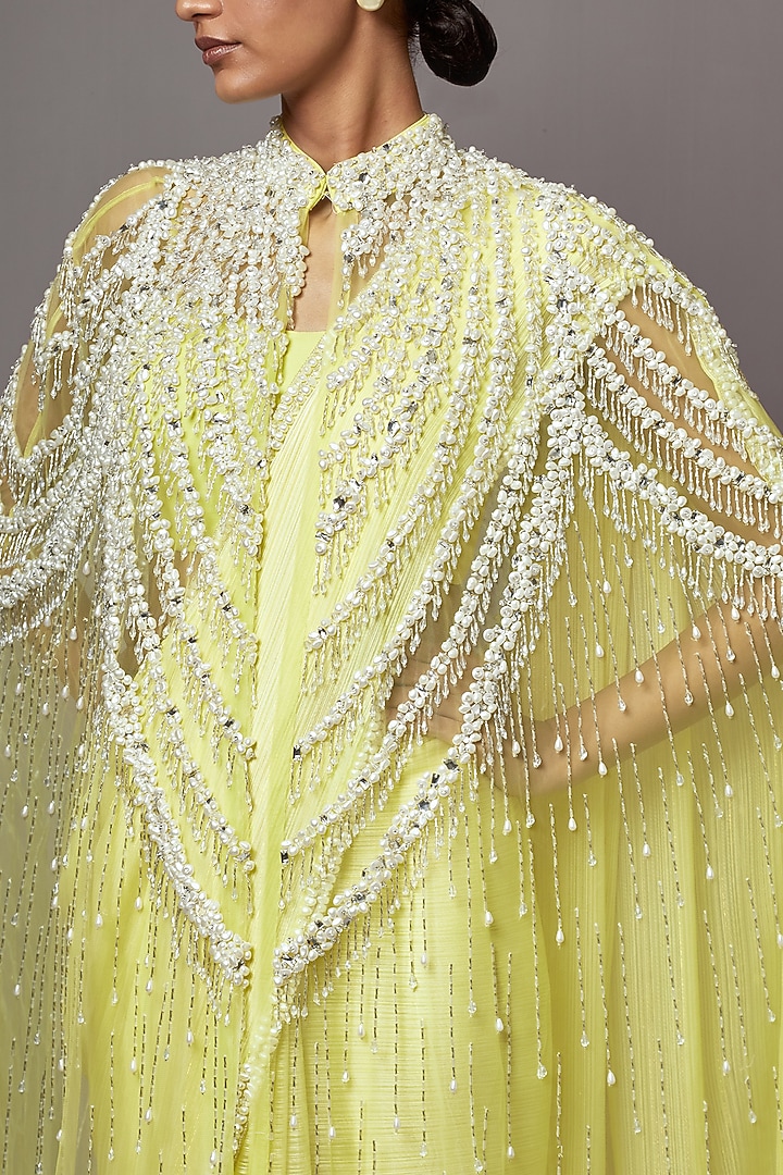 Lime Net & Georgette Baroque Pearl Embroidered Jacket Bridal Saree Set by Mala and Kinnary at Pernia's Pop Up Shop
