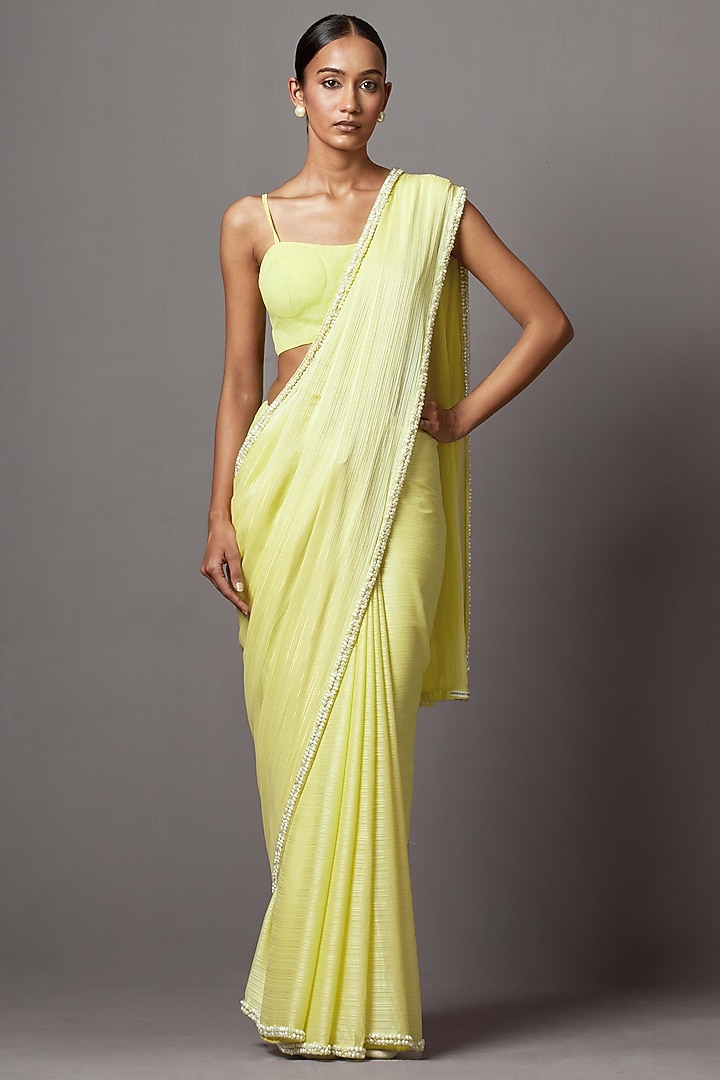 Lime Net & Georgette Baroque Pearl Embroidered Jacket Bridal Saree Set by Mala and Kinnary at Pernia's Pop Up Shop