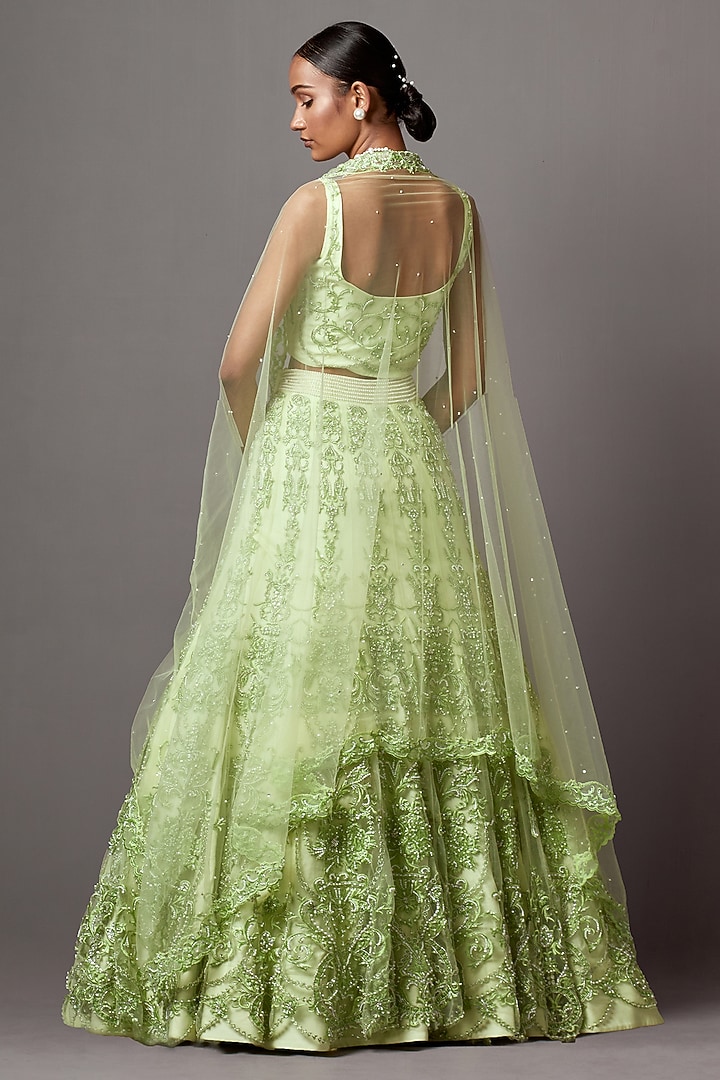 Lime Green Net Pearl Embellished Bridal Lehenga Set by Mala and Kinnary at Pernia's Pop Up Shop