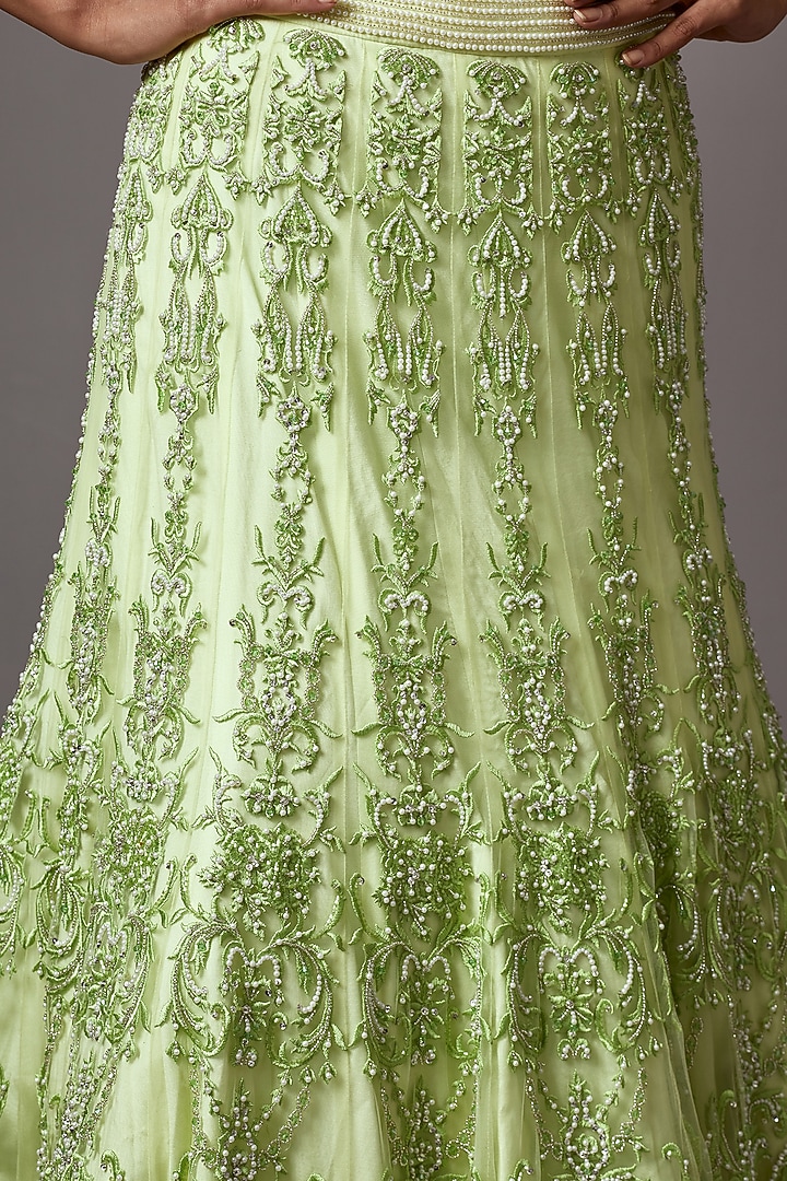 Lime Green Net Pearl Embellished Bridal Lehenga Set by Mala and Kinnary at Pernia's Pop Up Shop