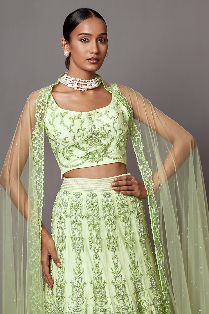 Lime Green Net Pearl Embellished Bridal Lehenga Set by Mala and Kinnary at Pernia's Pop Up Shop