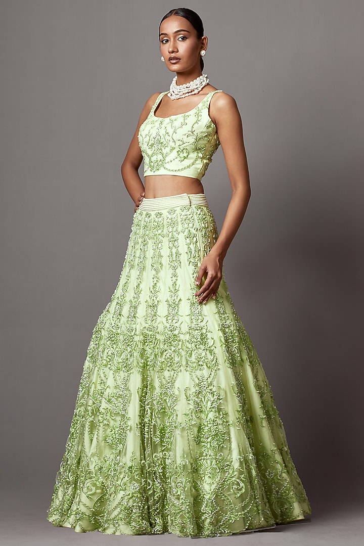 Lime Green Net Pearl Embellished Bridal Lehenga Set by Mala and Kinnary at Pernia's Pop Up Shop