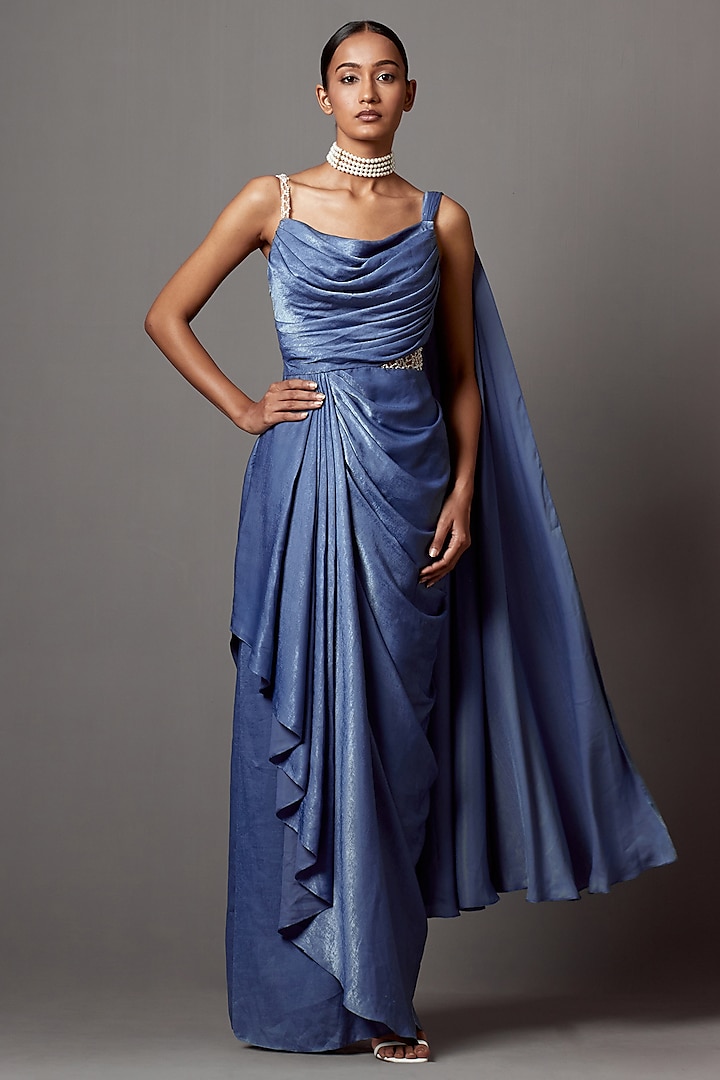 Dust Blue Satin Crepe Draped Gown Saree by Mala and Kinnary