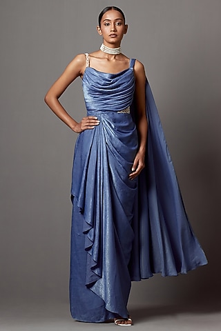 Dust Blue Satin Crepe Draped Gown Saree by Mala and Kinnary