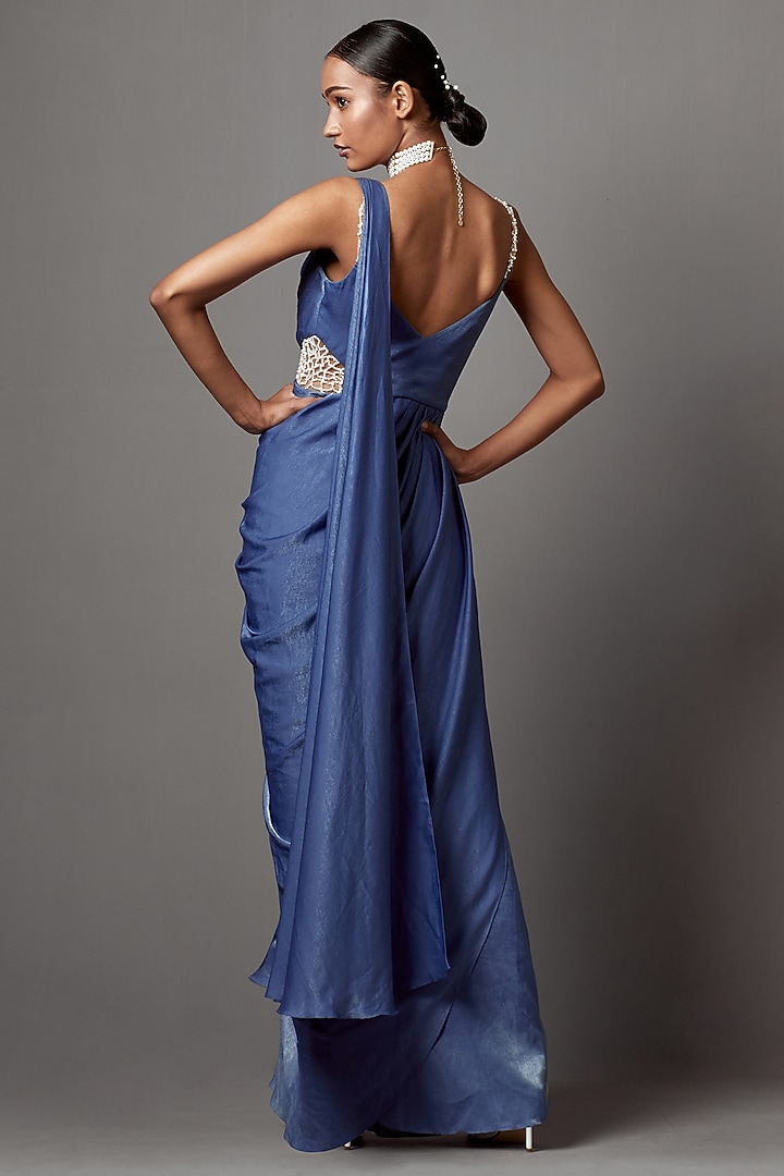 Dust Blue Satin Crepe Draped Wedding Gown Saree by Mala and Kinnary at Pernia's Pop Up Shop