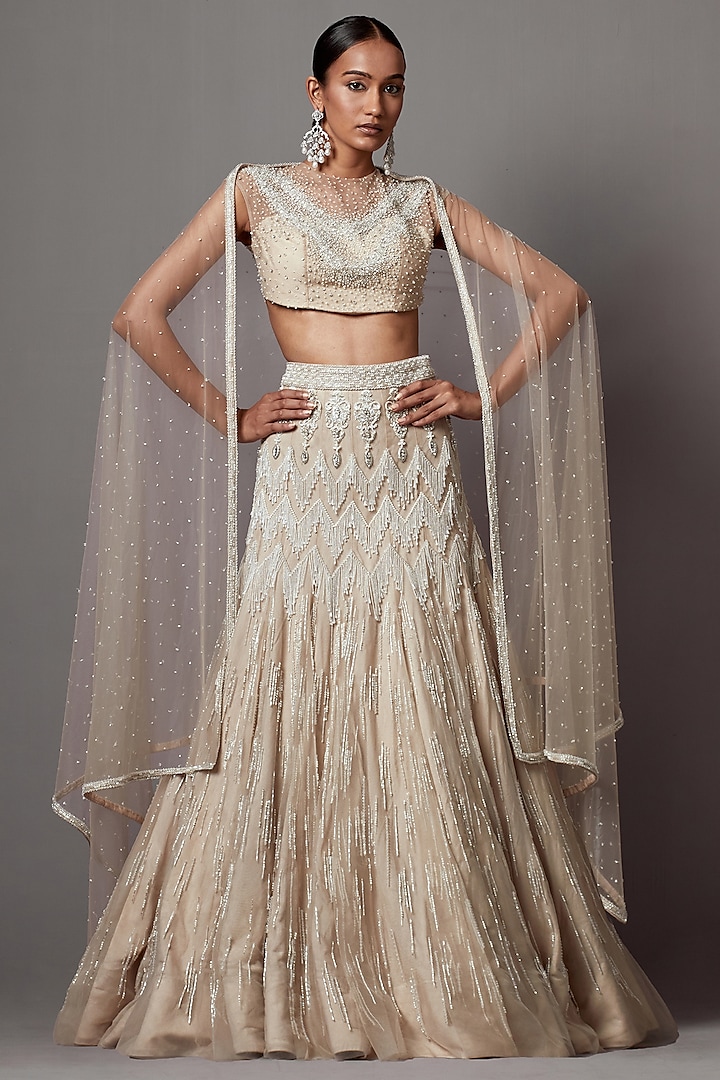 Greige Net Handwork Bridal Lehenga Set by Mala and Kinnary at Pernia's Pop Up Shop