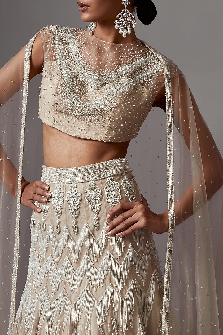 Greige Net Handwork Bridal Lehenga Set by Mala and Kinnary at Pernia's Pop Up Shop