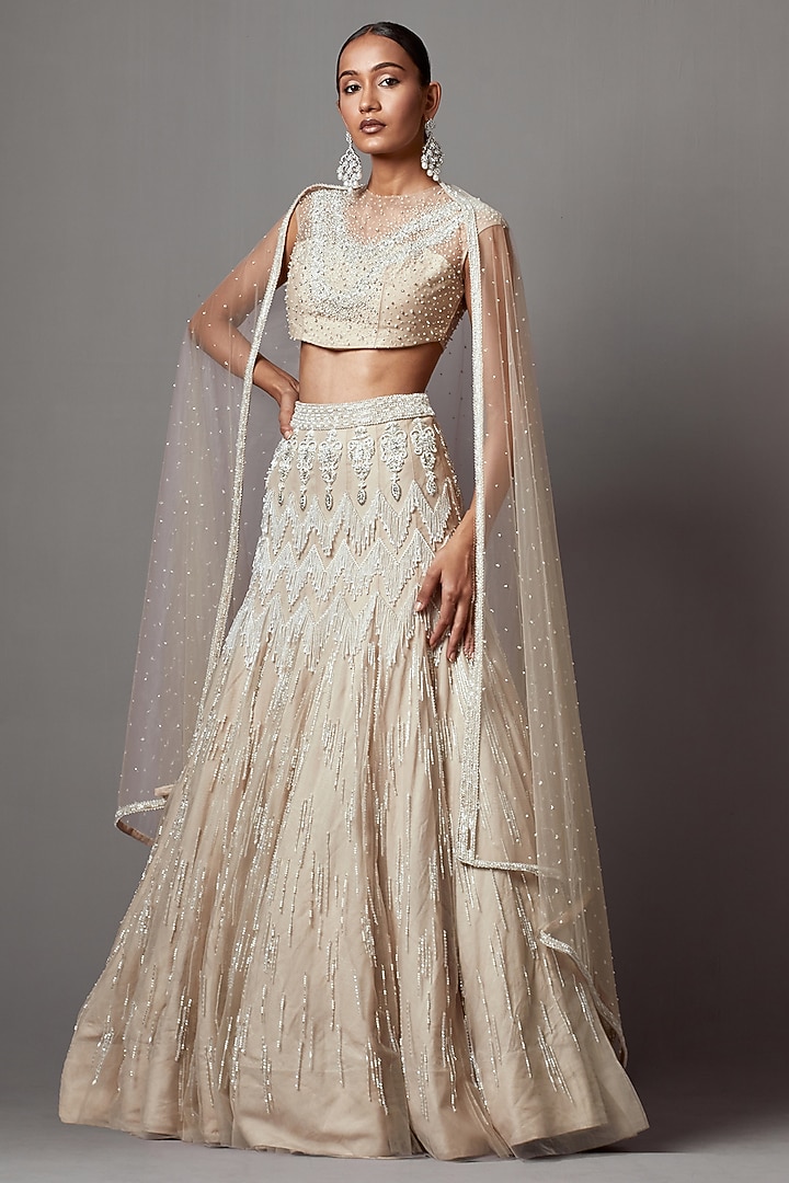 Greige Net Handwork Bridal Lehenga Set by Mala and Kinnary at Pernia's Pop Up Shop