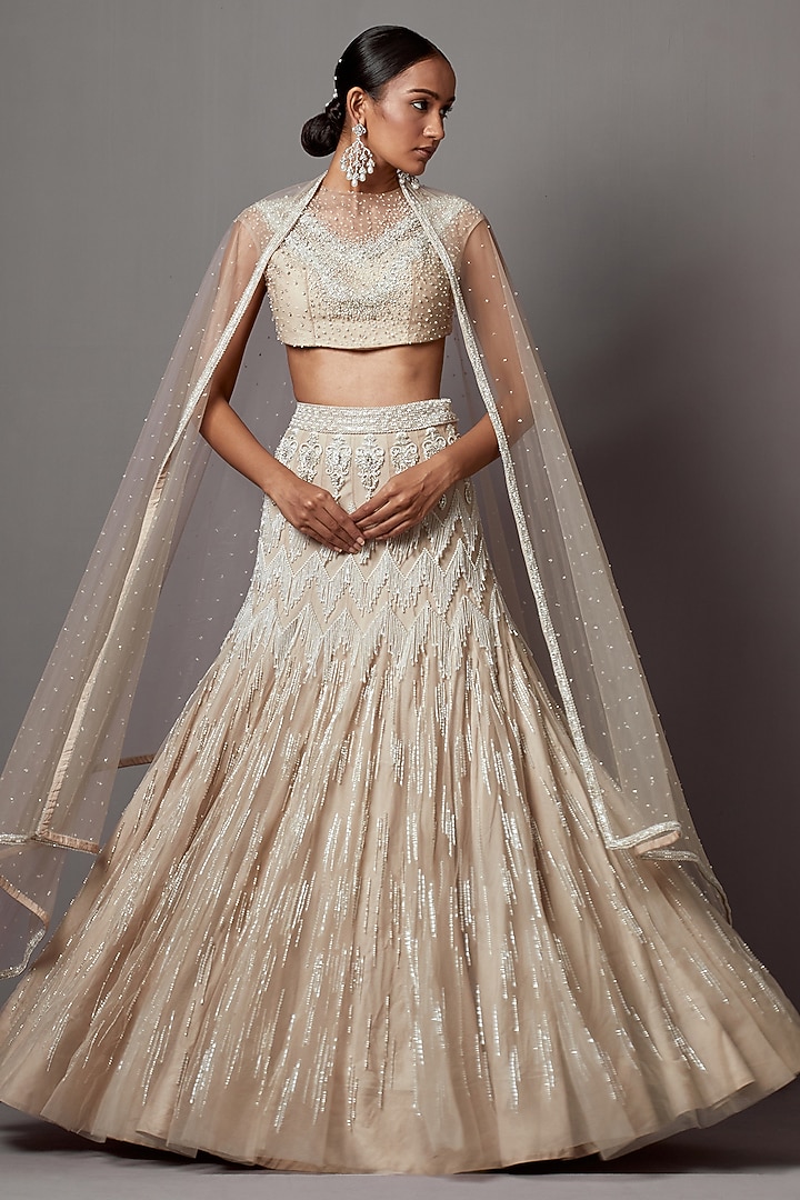 Greige Net Handwork Bridal Lehenga Set by Mala and Kinnary at Pernia's Pop Up Shop